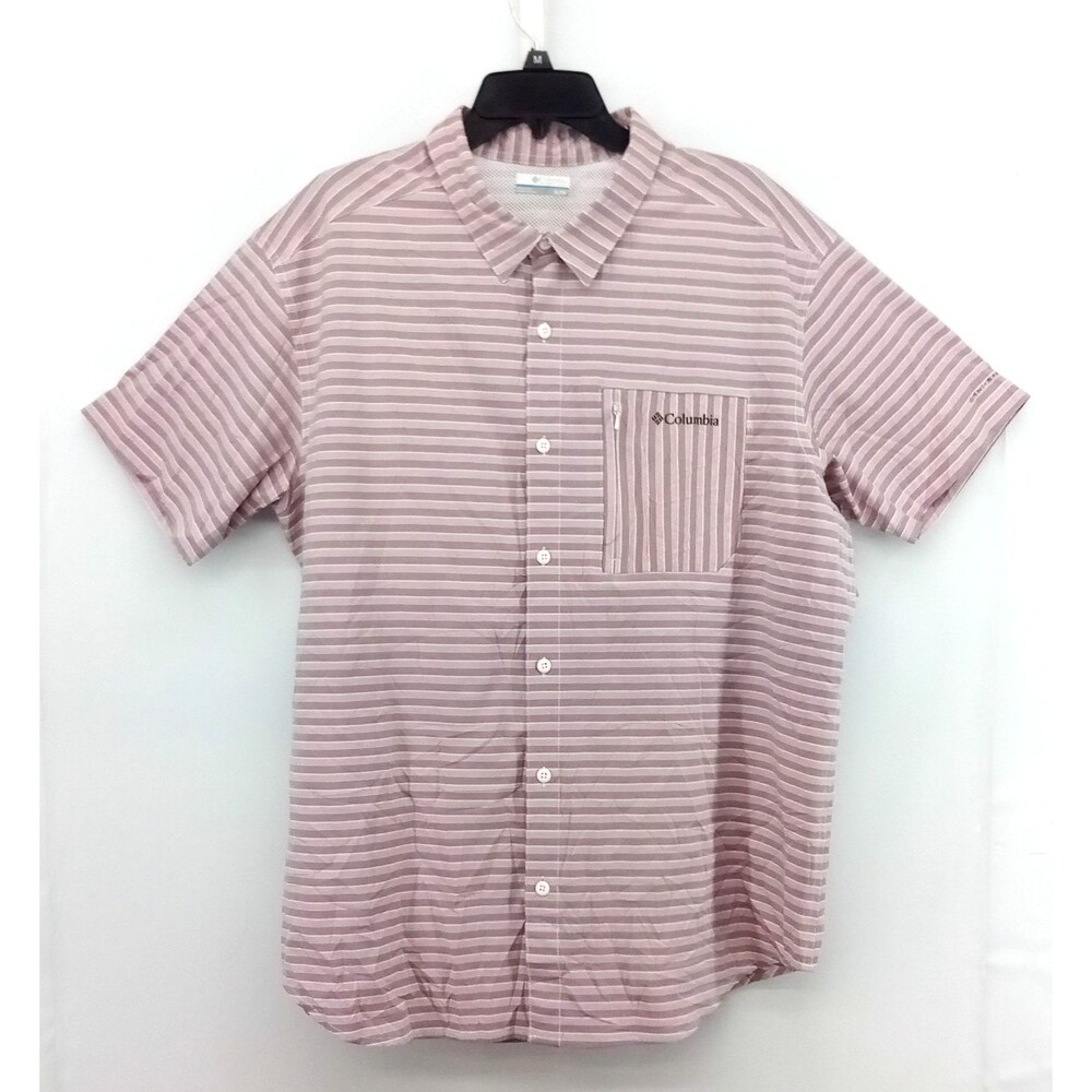 Columbia Omni Shade Shirt Men Size XL Blush Pink Striped Button Up Outdoor Beach